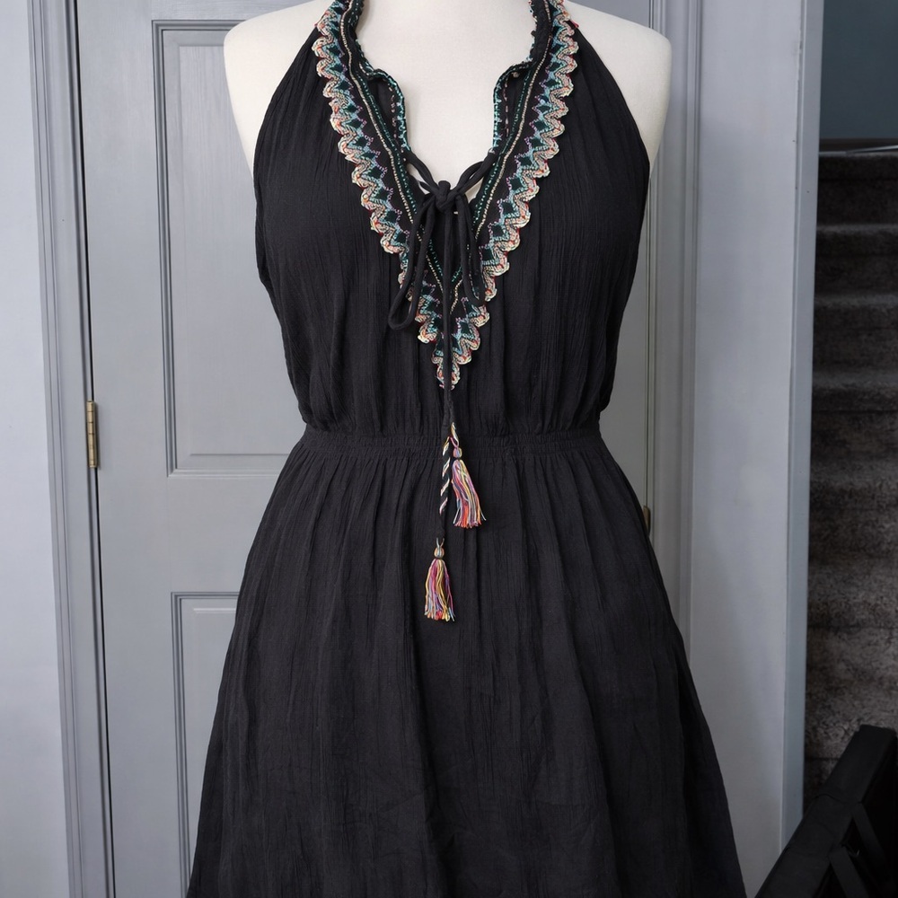 Bundle only! Must be with $15 or more Black Boho Halter Dress Embroidered Tassel